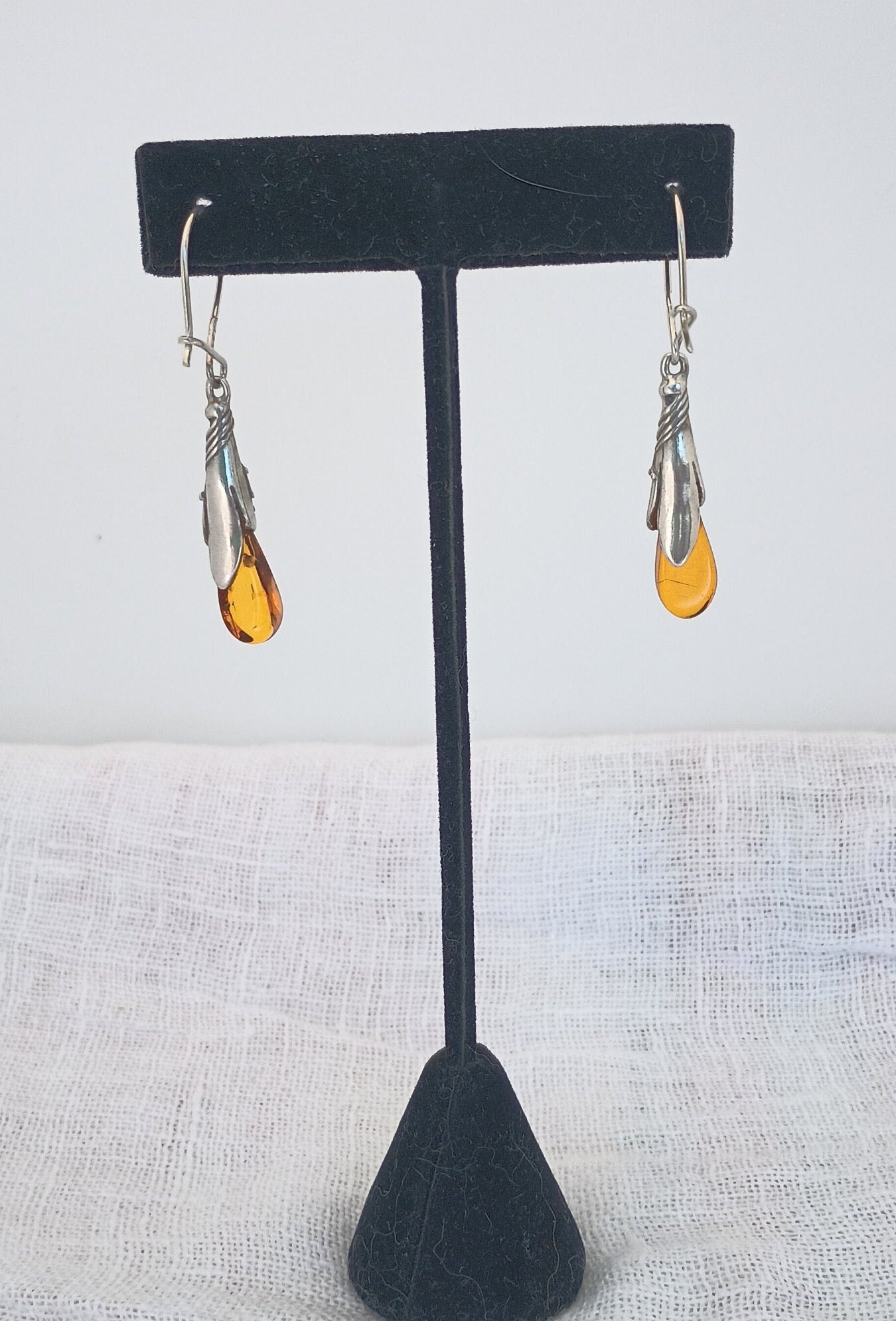 Boucles D'oreilles Pendantes Argent Massif 925 Avec Ambre - Anciennes, Fermoir Dormeuse, Fabrication France