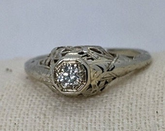 Art Deco 18k White Gold Filigree and .12ct Old European Cut Diamond Ring