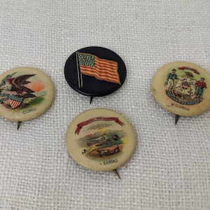 Set of 4 - Antique Sweet Carporal Cigarettes Advertising Pushback Pins — US Flag, Kansas, Illinois, & Wisconsin — Gift for Him