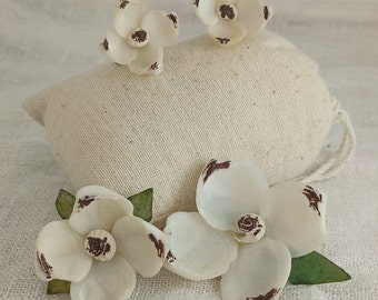 1960s White "Magnolia" Flower Shell Brooch and Screw Back Earrings Jewelry Set
