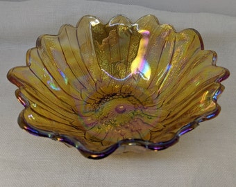 Vintage Carnival Glass Daisy 7" Bowl—Luster Amber Glass