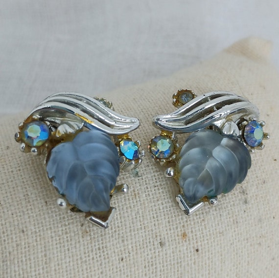 Signed Art Thermoset Leaves and Rhinestone Earrin… - image 4