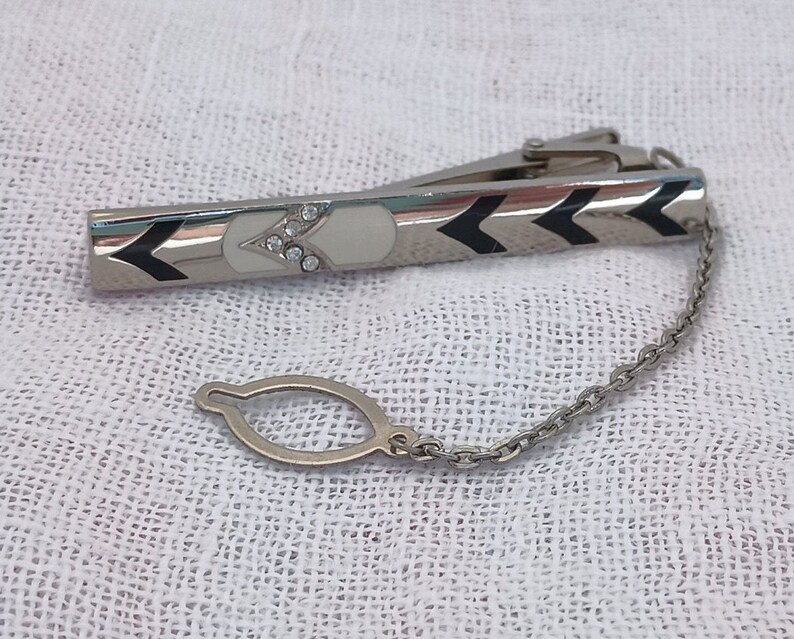 Vintage 1960s Retro Rhinestone and Enamel Tie Bar Wedding, Father's Day Gift for Him image 3