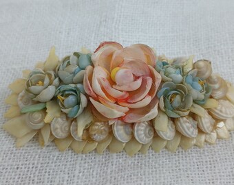 Vintage c1930s-1940s Pink and Blue Flower Shell Craft Oval Brooch