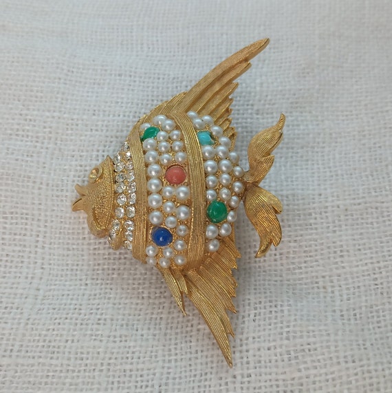 Vintage Mid Century Rhinestone and Pearl Angel Fis