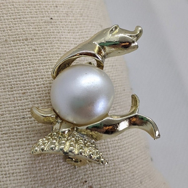 Vintage Mid Century Volupte Gold and Pearl Seal Brooch