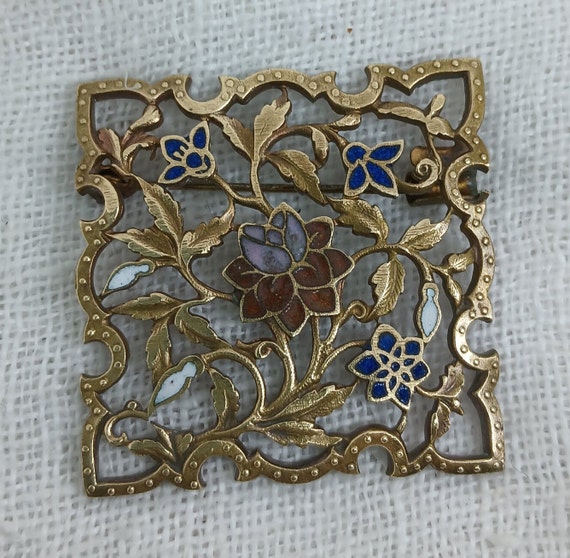 Antique Enamel Filigree Floral Brooch - image 2