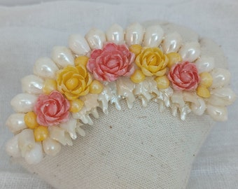 c1930s-1940s Shell Craft — Pink and Yellow Tropical Crescent Brooch