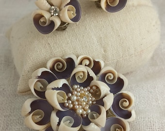 Vintage Shell Brooch and Earring Set: Purple, White, Rhinestone Tiki Jewelry
