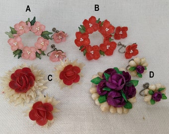 Vintage 1960s Shell Flower Brooch and Earrings — Pink, Red, or Purple Floral Summer Jewelry SetPick Your Favorite!