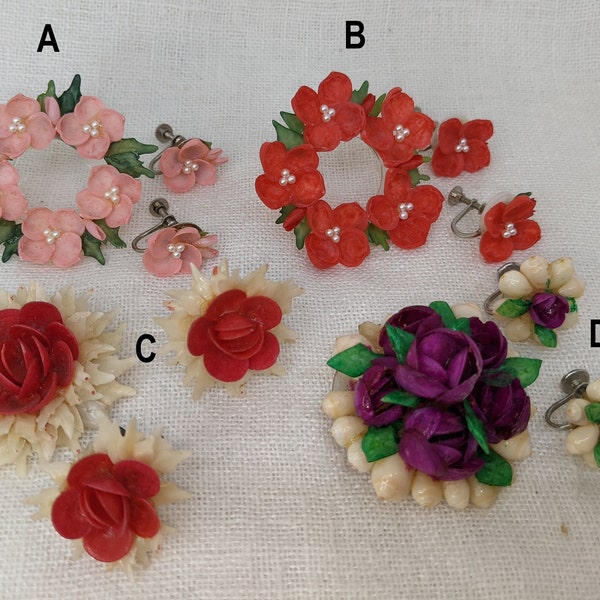 Vintage 1960s Shell Flower Brooch and Earrings — Pink, Red, or Purple Floral Summer Jewelry SetPick Your Favorite!