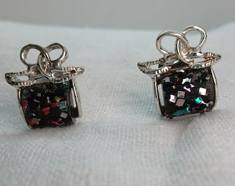 Vintage 1960s Mid Century Confetti Black Lucite Confetti Retro Earrings