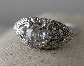 1930s Art Deco Platinum Engagement Ring —.85ct Old European Cut E-F Color