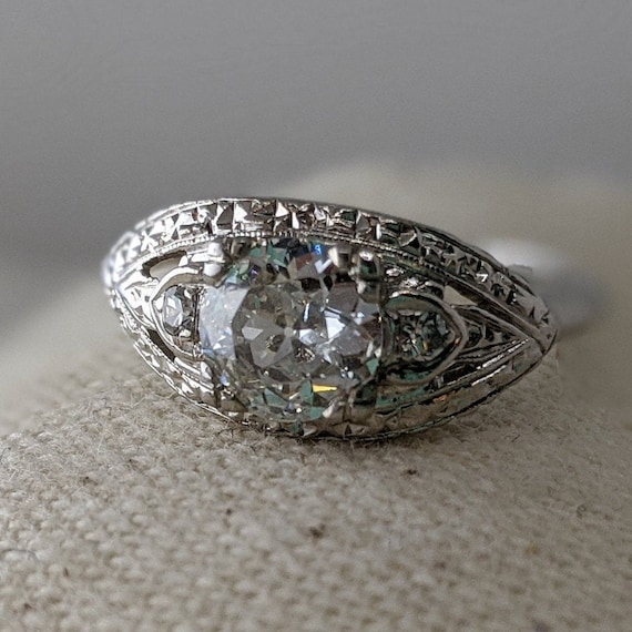 1930s Art Deco Platinum Engagement Ring —.85ct Old European Cut E-F Color