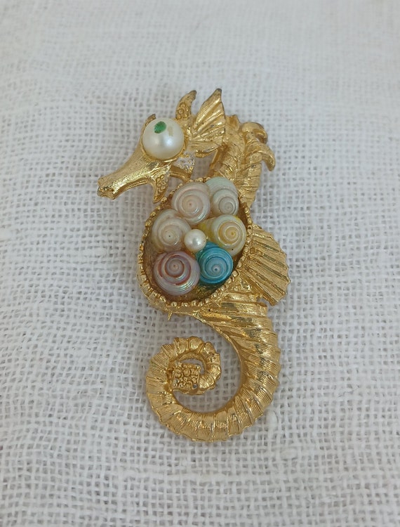 Vintage Seahorse Brooch with Trochus Shell Center