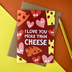 Tarjeta para amantes del queso, aniversario, ecológica, te amo, interior en blanco