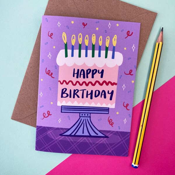 Birthday Cake Card, Happy Birthday, Purple, Fun, Illustrated