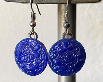 Luminescent Electric Royal Blue geometric floral art glass button earrings,