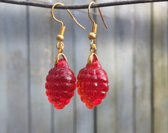 ¡Pendientes de cuentas en forma de baya de vidrio rojo Art-Deco vintage con regalo navideño original de oro!