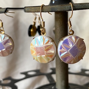 Vintage Czech Art Deco Irredescent Rainbow Geometric faceted glass button earrings fantastic gift - Free Shipping in the US