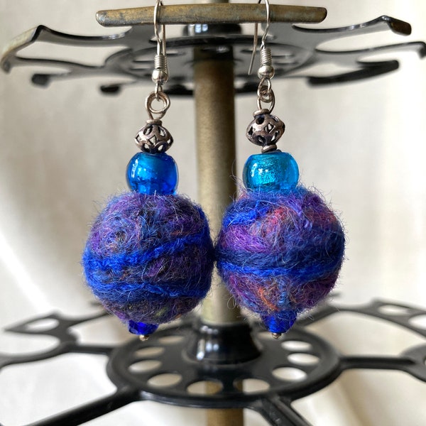 Felted Wool Royal Blue and Purple Ball Drop Earrings with Italian Murano Glass beads