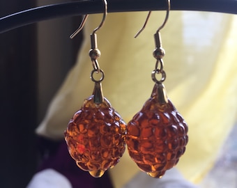 Pendientes de cuentas en forma de baya de vidrio ámbar Art-Deco vintage, regalo navideño, regalo para ella