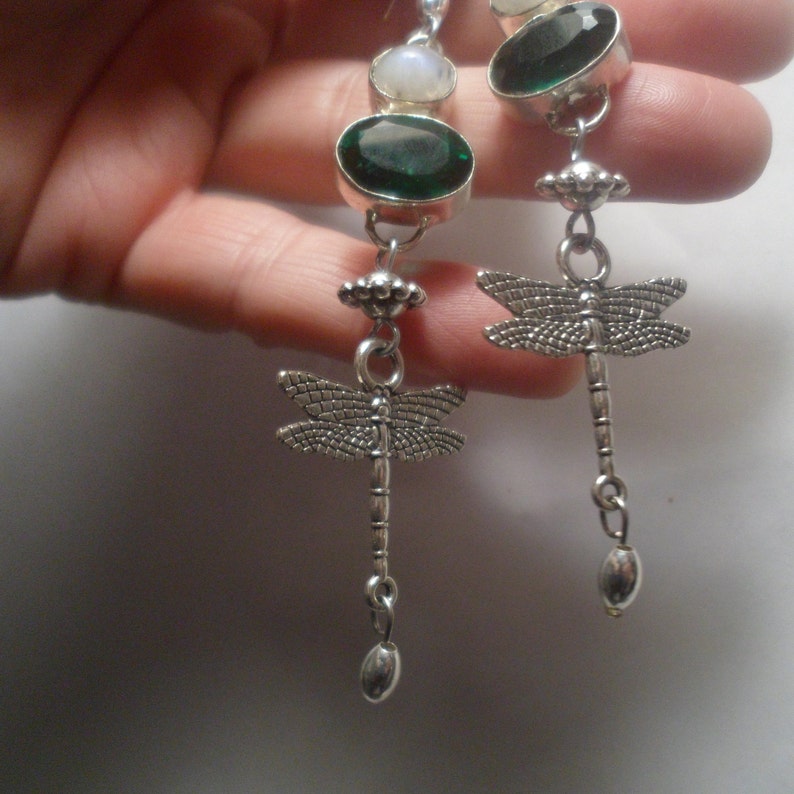 VINTAGE UNWORN NAVAJO Emerald Green Dragonfly Moonstone Quartz Pearls Bead Earrings Sterling Silver Ewires Native American Dangle Drop
