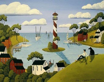 Lighthouse BOATS OCEAN SEA Original Oil Painting Seaside Water Blue Sky Clouds Summer Nautical Fine Art Large Signed Debbie Criswell 14x18"