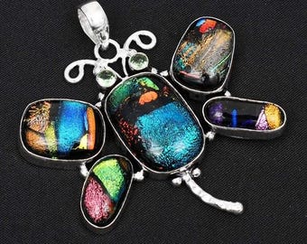 Vibrant VINTAGE UNWORN DICHROIC Glass Huge Butterfly Large Necklace Pendant Silver Boho Ooak Metallic Colors Dramatic Southwest Happy Bug