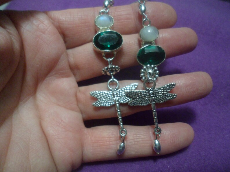 VINTAGE UNWORN NAVAJO Emerald Green Dragonfly Moonstone Quartz Pearls Bead Earrings Sterling Silver Ewires Native American Dangle Drop