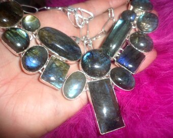 AZURE BLUE VINTAGE Unworn Labradorite Ab Rainbow Moonstone Pendant Necklace Silver Large Giant Huge Squash Blossom Style Southwest Ooak