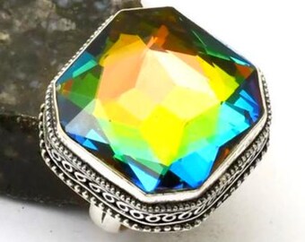 VINTAGE UNWORN RAINBOW Mystic Topaz Ring Cosmic Aurora Borealis Northern Lights Huge Large Ab Ornate Size 9 Silver Ooak  Big Huge Large
