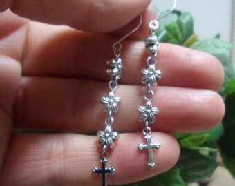 MEXICAN VINTAGE DAISY Design Sunflower Flower Cross Dangle Drop 925 Sterling Silver Ewir Earrings Ooak Boho Chic Jesus Christ Mexico Style