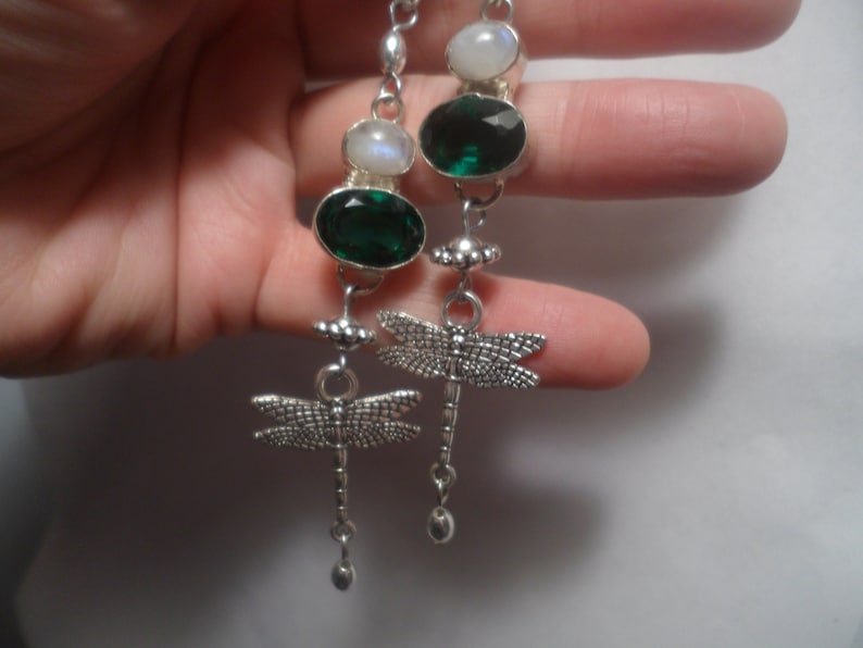 VINTAGE UNWORN NAVAJO Emerald Green Dragonfly Moonstone Quartz Pearls Bead Earrings Sterling Silver Ewires Native American Dangle Drop