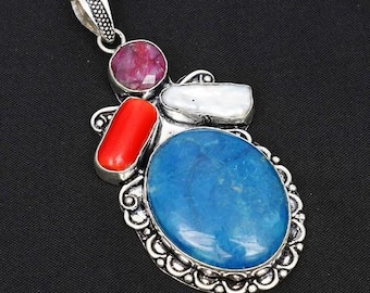Colorful 3" Big Unique VINTAGE LARGE SOUTHWEST White Freshwater Pearl Red Coral Large Blue Stone Multi Gem Silver Ooak Huge Pendant Unique