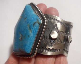 HUGE Excellent CHIMNEY BUTTE Vintage Navajo Vibrant Blue Native American Large Bracelet 925 Sterling Silver Giant Bangle Cuff Unique Ooak