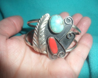 VINTAGE NAVAJO Large KINGMAN Blue Turquoise Red Coral Native American Floral Bracelet 925 Sterling Silver Cuff Ooak Large Foliate *As Is Big