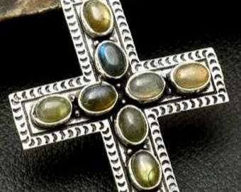 LARGE Southwest VINTAGE UNWORN Labradorite Moonstone Gold Sky Blue Pendant Native American Style Silver Giant Huge Cross Stone Ooak 3+ "