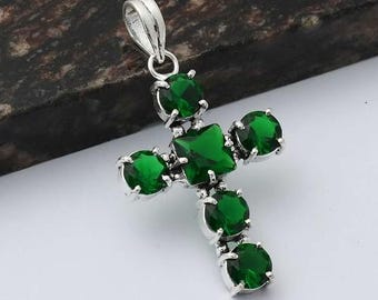VINTAGE UNWORN Green CHROME Diopside Cross Pendant Necklace Silver Vintage Sturdy Well-made Ooak Unique 2.25" Large Southwest Style