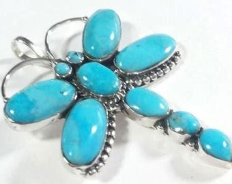 UNWORN VINTAGE SOUTHWEST Dragonfly Large Blue Turquoise Native American Pendant Necklace 925 Sterling Silver Squash Blossom Philippines Huge