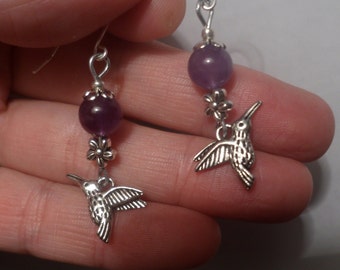 VINTAGE UNWORN AMETHYST Hummingbird Bird Bead Dangle Drop 925 Sterling Silver Ewire Boho Stone Dove Flower Floral Earrings Purple Gem Fun