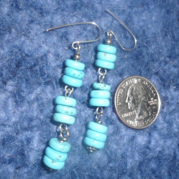 Fun Long All Sterling NATIVE AMERICAN NAVAJO Vintage Pearl Sky Blue Turquoise Saucer Disk Bead 925 Silver Dangle Drop Southwest Earrings