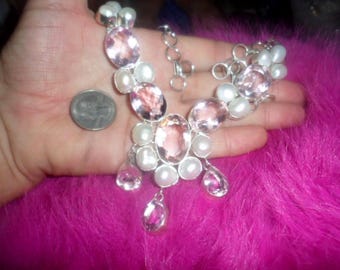 Sparkling Clear LARGE PINK TOPAZ or Glass Unworn Vintage Freshwater Pearls Gem Silver Boho Pendant Huge Gemstone Ooak Necklace Big