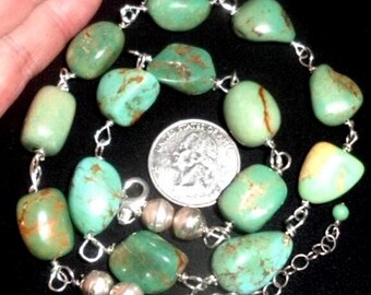 Vintage Large VINTAGE GREEN NAVAJO Turquoise Pendant Native American Necklace Sterling Silver Huge Bead Beads Pearls Squash Blossom 20+"