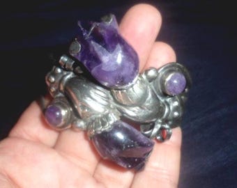 Spratling Style Large Excellent VINTAGE SILVER AMETHYST Mexico Mexican Purple Huge Bracelet Cuff Boho Flowers Hands Wearable Sculpture Cuff