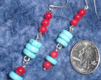 Vivid Blue Red NATIVE AMERICAN NAVAJO Vintage Pearl Pearls Turquoise Red Coral Bead Beads 925 Sterling Silver Dangle Drop Earrings Ooak
