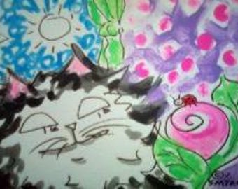 5x7" TUXEDO BLACK WHITE Cat Pink Rose Ladybug Original Painting Bug Kitty Feline Whimsy Star Moon Flower Ooak Small Miniature Art Watercolor