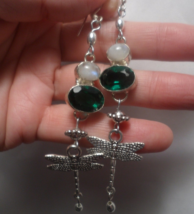 VINTAGE UNWORN NAVAJO Emerald Green Dragonfly Moonstone Quartz Pearls Bead Earrings Sterling Silver Ewires Native American Dangle Drop
