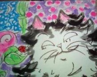 5"x7" TUXEDO BLACK WHITE Cat Pink Rose Ladybug Original Painting Bug Kitty Feline Star Moon Flower Ooak Small Miniature Art Watercolor