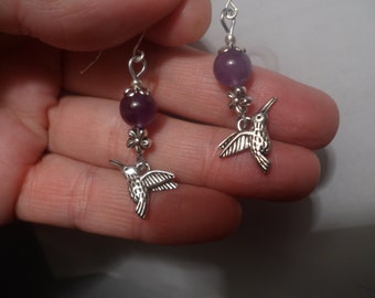 VINTAGE UNWORN AMETHYST Hummingbird Bird Bead Dangle Drop 925 Sterling Silver Ewire Boho Stone Dove Flower Floral Earrings Purple Gem Fun